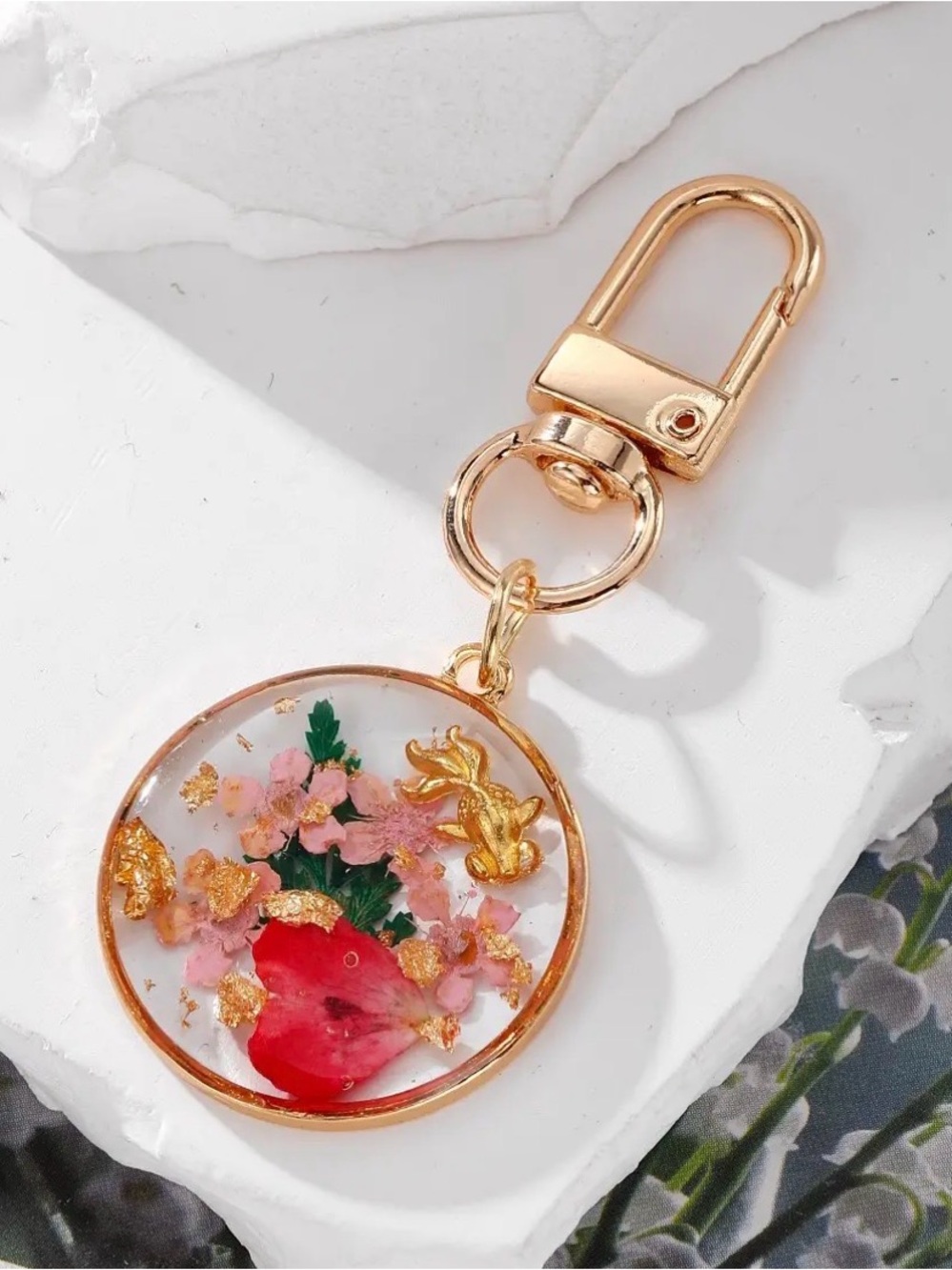 Gold-Tone Floral Resin Keychain Bag Charm - Pink & Red